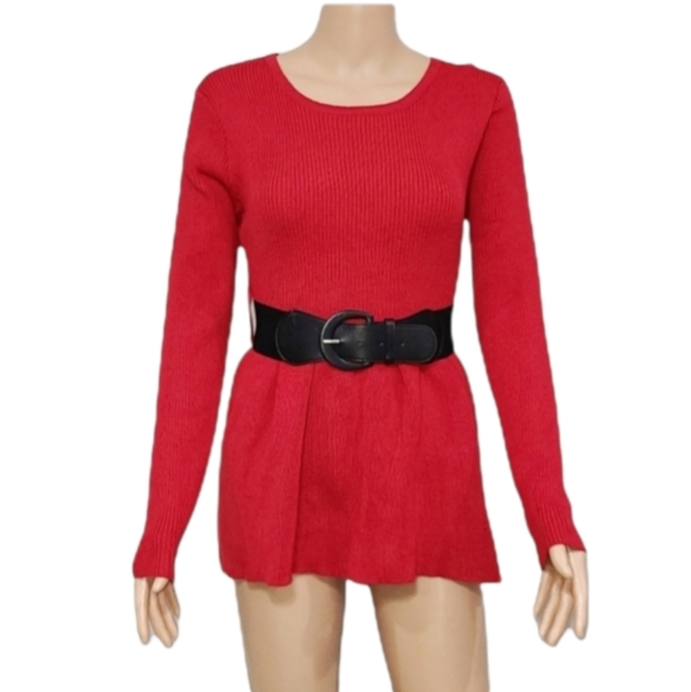 NEW LOOK Women's Sweater Top Red Round Neck Long Sleeve + Belt Plus Size 1X